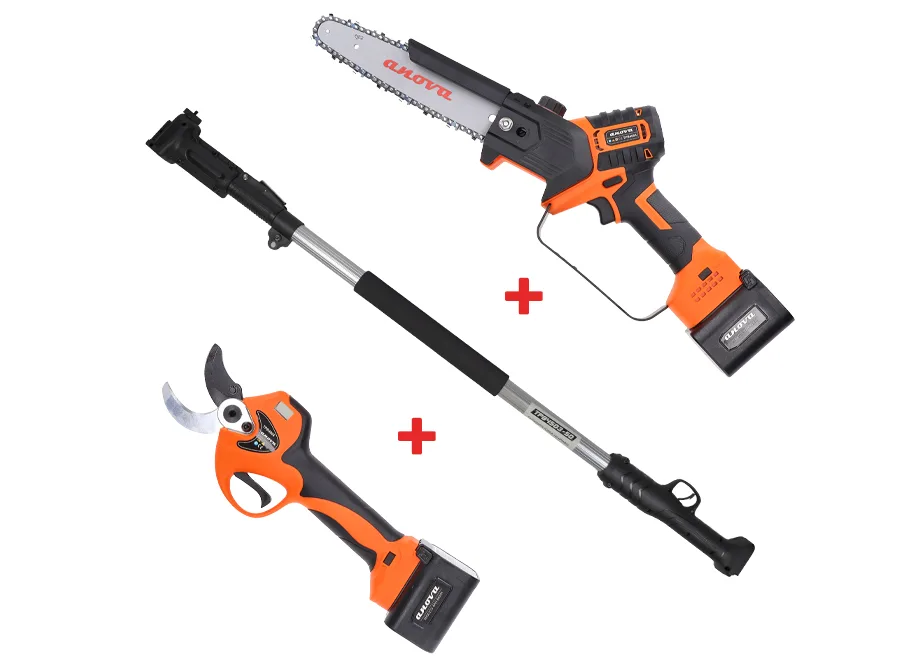 Set de poda Anova: tijera 40 mm + sierra 8" + pértiga 1,5-2,1 m 21V